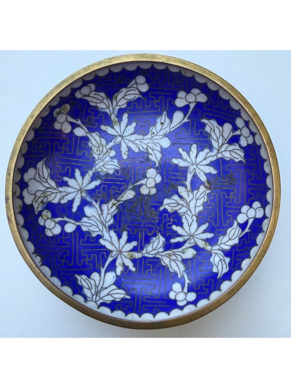 Antique Blue Cloisonné Floral Bowl With Brass Rim 4" Decorative Display China